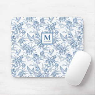Tapis De Souris Toile de Jouy florale vintage bleue monogramme fra