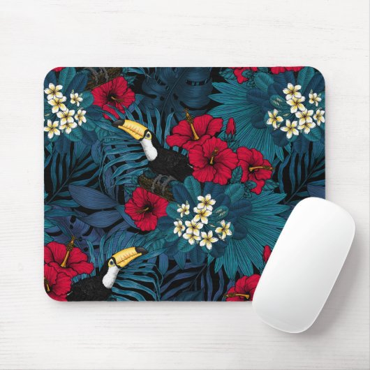 Tapis De Souris Toucans et flore tropicale, verte et rouge (Avec souris)