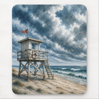 Tapis De Souris Tour de sauvetage à l'aquarelle sur la plage côtiè
