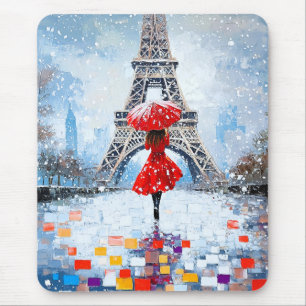 Tapis De Souris Tour Eiffel de Paris Romance d'hiver Parapluie Rou
