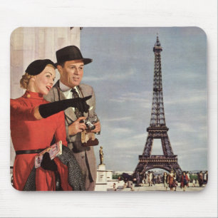 Tapis De Souris Touristes vintages voyageant à Paris Tour Eiffel