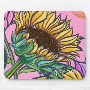 Tapis De Souris Tournesol jaune peint à la main rose