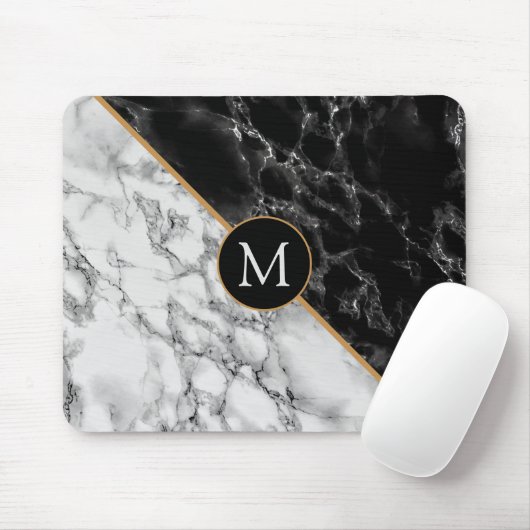 Tapis De Souris Trendy Black & White Marble Stone -Add Your Letter (Avec souris)