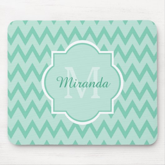 Tapis De Souris Trendy Mint Green Chevron Zigzag Nom et Monogramme (Devant)