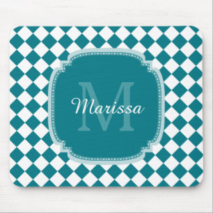 Tapis De Souris Trendy Teal and White Checked Monogrammed Name