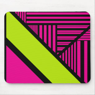 Tapis De Souris Triangle rayures en vert citron, rose chaud et noi