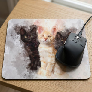 Tapis De Souris Trio à l'aquarelle de mignons chatons noirs et ora