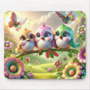 Tapis De Souris Trio Fantaisiste d'Oiseaux Chantant du Printemps