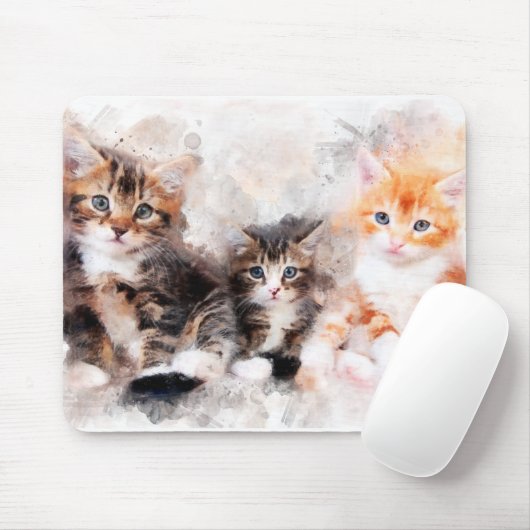 Tapis De Souris Trois belles chatons mignonnes aquarelle (Avec souris)