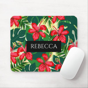 Tapis De Souris Tropical Green Palm Feuilles Monogramme coloré