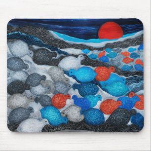Tapis De Souris Troupeau d'oiseaux colorés sous la lune rouge Art