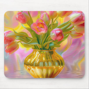 Tapis De Souris Tulipes roses vibrantes dans le Vase d'or
