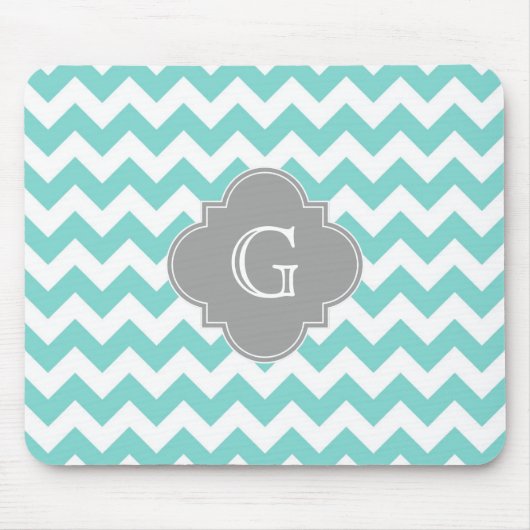 Tapis De Souris Turq/Aqua White Chevron Gray Quatrefoil monogram (Devant)