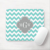 Tapis De Souris Turq / Aqua Wht Chevron Gris 3 Monogramme initial (Avec souris)