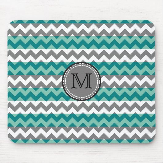 Tapis De Souris Turquoise et Gris Chevron Zigzag Monogramme #2 (Devant)
