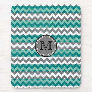 Tapis De Souris Turquoise et monogramme en zigzag chevron gris