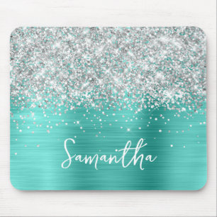 Tapis De Souris Turquoise Glam Nom Pailleté Argent