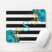 Tapis De Souris Turquoise Or Floral Monogramme Noir Blancs (Avec souris)