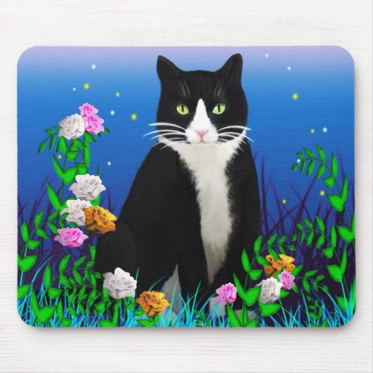 Tapis De Souris Tuxedo Cat avec Mousepad aux fleurs (Devant)