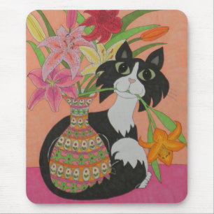 Tapis De Souris Tuxedo Chat avec Lilies
