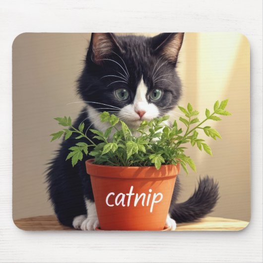 Tapis De Souris Tuxedo Chat Avec Plante Catnip (Devant)