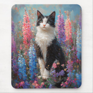 Tapis De Souris Tuxedo Chat Colorful Lupine Fleurs Peinture