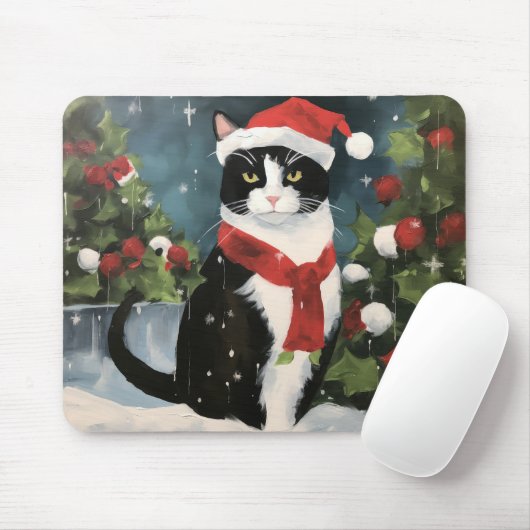 Tapis De Souris Tuxedo Chat en Noël de neige (Avec souris)