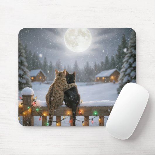 Tapis De Souris Two Christmas Cats Snuggling on a Snowy Fence (Avec souris)