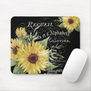 Tapis De Souris Typographie vintage et tournesols sur fond noir