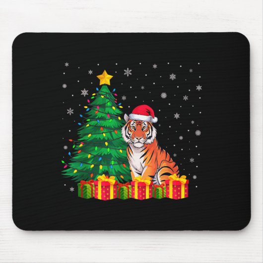 Tapis De Souris Ugly Bengal Tiger Santa Hat Christmas Tree Lights (Devant)