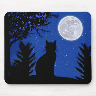 Tapis De Souris Un chat qui regarde à la Pleine lune