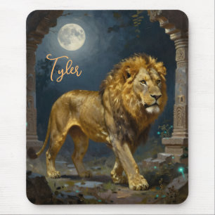 Tapis De Souris Un Lion d'Or Se Promenant sous la Lune Personnalis