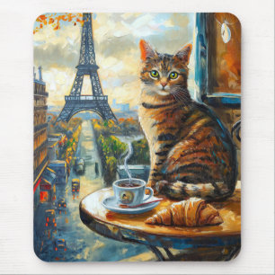 Tapis De Souris Un matin à Paris Chat tigré dans un café