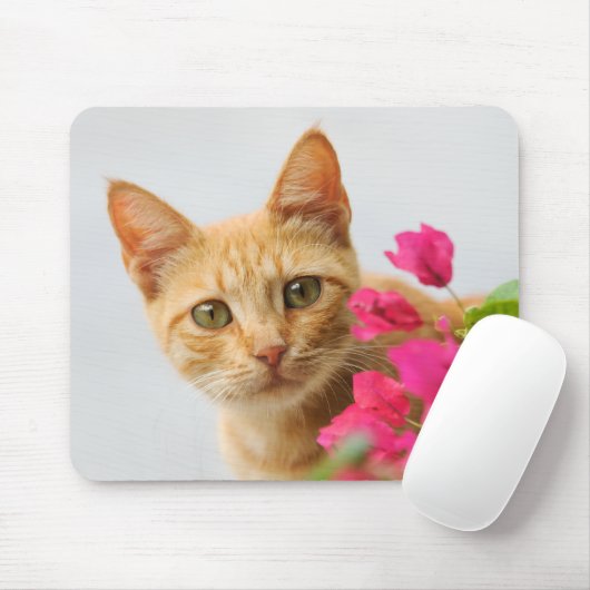 Tapis De Souris Un mignon chaton à table rouge vous regarde. (Avec souris)