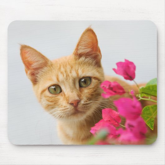 Tapis De Souris Un mignon chaton à table rouge vous regarde. (Devant)