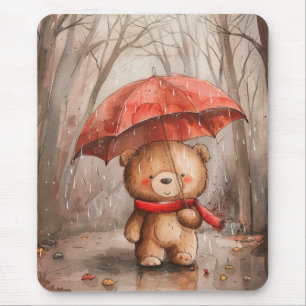 Tapis De Souris Un ours en peluche mignon sous la pluie