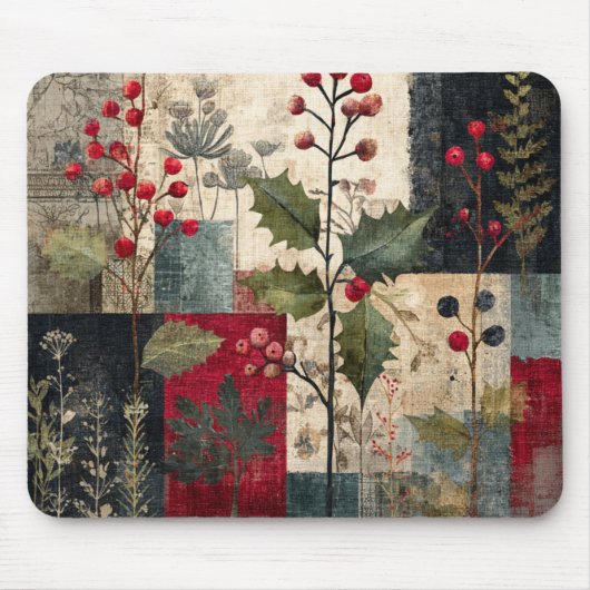 Tapis De Souris Un Patchwork Rustique d'Hiver aux Baies de Houx (Devant)