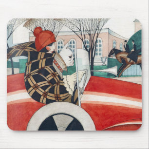 Tapis De Souris Une fille et un chien Carlin dans une voiture roug