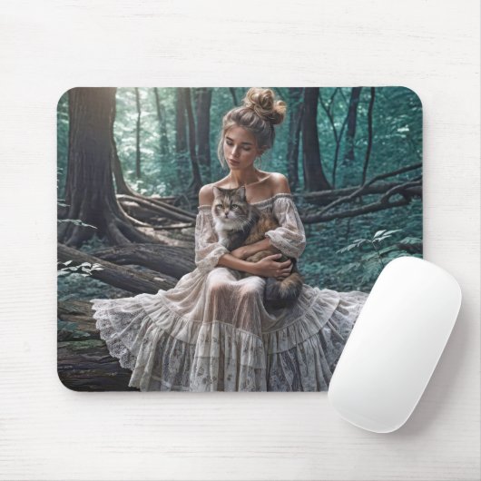 Tapis De Souris Une jeune femme en bois avec un chat (Avec souris)
