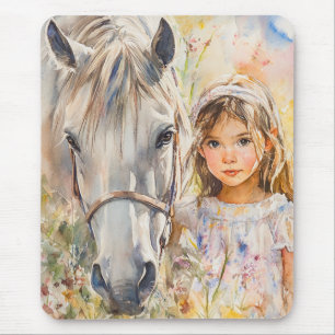 Tapis De Souris Une petite fille avec un cheval
