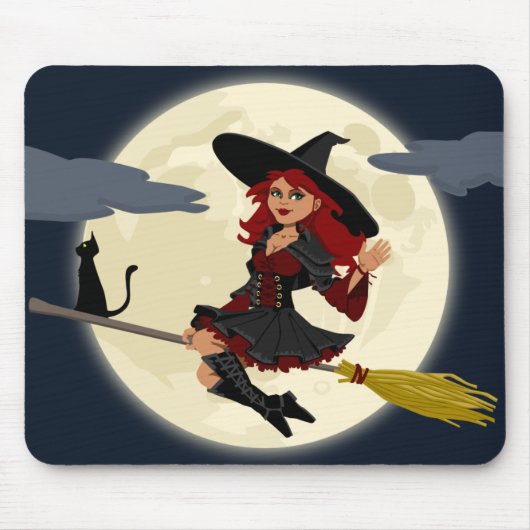 Tapis De Souris Une sorcière d'halloween conviviale sur le balai e (Devant)