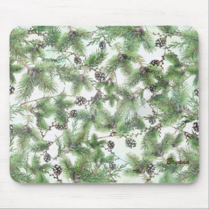 Tapis De Souris Vacances Green et Pine Cônes Pays Hiver Rustique