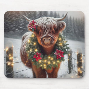 Tapis De Souris Vache de Noël de Highland portant une couronne