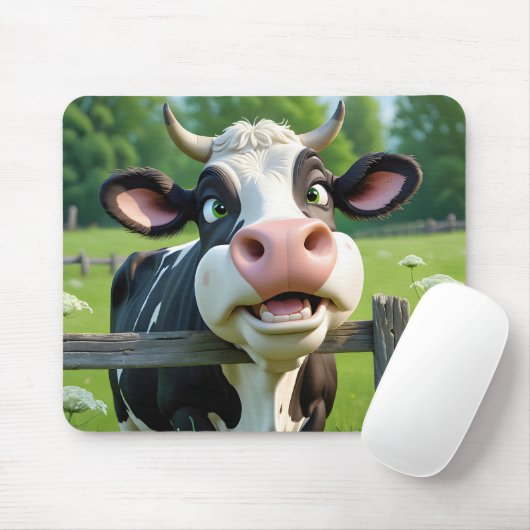 Tapis De Souris Vache en dessin au-dessus d'une clôture (Avec souris)