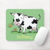 Tapis De Souris Vache mignonne en vert dessin animé sur le terrain (Avec souris)