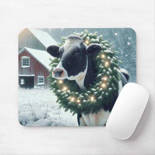 Tapis De Souris Vache portant une couronne de Noël éclairée (Avec souris)