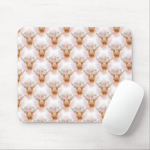 Tapis De Souris Vaches des Highlands Fleurs roses Aquarelle Tendan