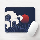 Tapis De Souris Vague bleu marine avec Lune rouge (Avec souris)