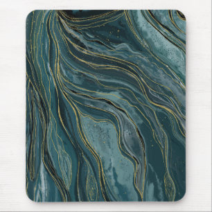 Tapis De Souris Vagues d'aquarelle Abstraite turquoise Blue Gold