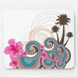 Tapis De Souris Vagues tropicales Hibiscus roses chauds Plage Palm